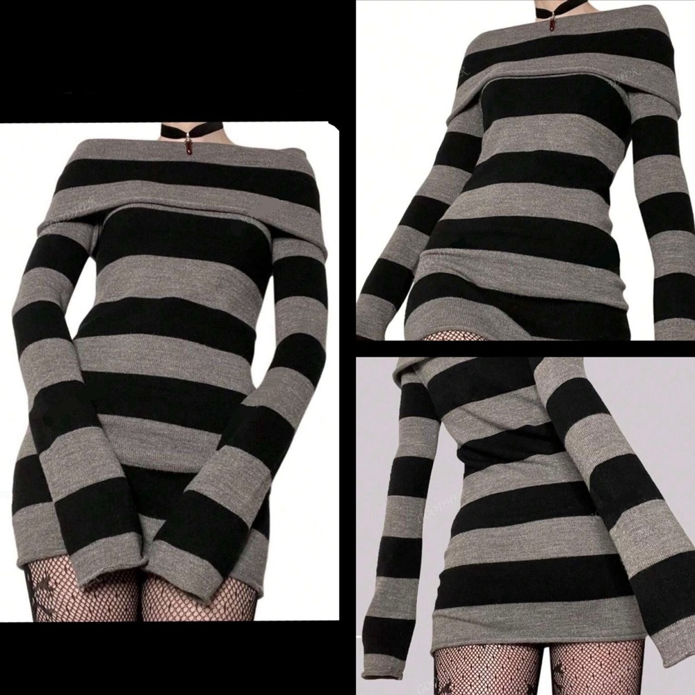 Women Off-Shoulder Striped Sweater Dress